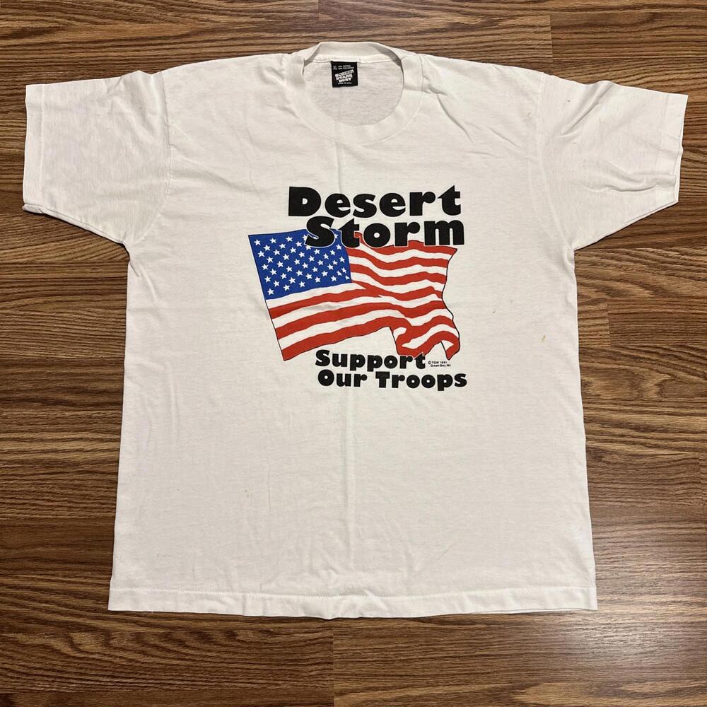 Desert Storm Support Our Troops 1991 Single Stitched White T-shirt L USA Flag